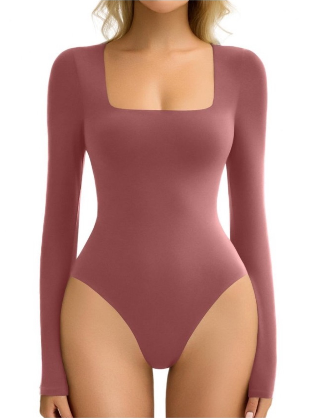 New Pumiey Square Neck Buttery Soft Long Sleeve Bodysuit in Rose Red Size XS
